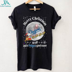 Snoopy Sleigh Dodgers Merry Christmas Baseball Tee