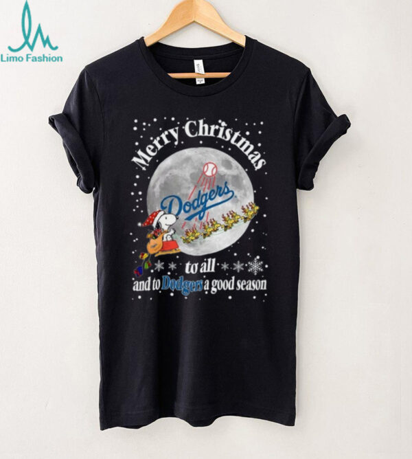Snoopy Sleigh Dodgers Merry Christmas Baseball Tee