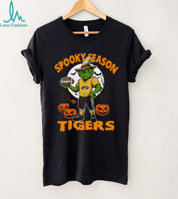 Spooky Season Missouri Tigers Tee – Grinch NCAA Football Shirt – Personalized Halloween Fan Gear with Custom Name