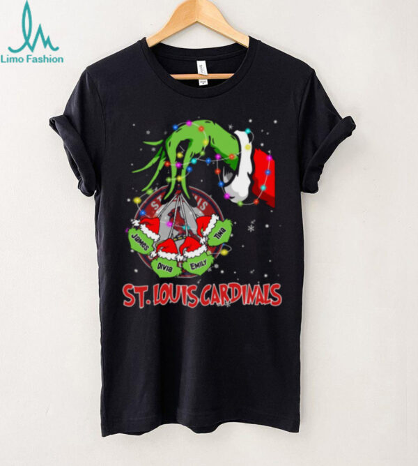 St. Louis Cardinals Grinch Holiday Lights Tee – Custom Name MLB Baseball Fan Shirt Personalized Gift