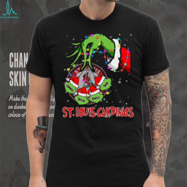 St. Louis Cardinals Grinch Holiday Lights Tee – Custom Name MLB Baseball Fan Shirt Personalized Gift