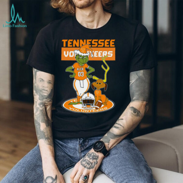 Tennessee Volunteers Custom Grinch and Dog Christmas Tee – Personalized NCAA Football Shirt – Holiday Outfit & Fan Gift Idea