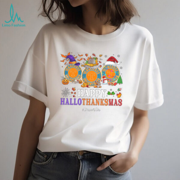 Tennessee Volunteers Happy Hallothanksmas Shirt – Custom Name NCAA Football Tee, Family Matching Ugly Christmas Holiday Outfit