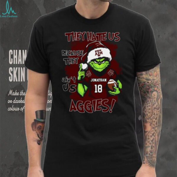Texas A&M Aggies Custom Name Grinch Christmas Shirt – Personalized NCAA Football Tee – Quote Holiday Gift “They Hate Us Because They Ain’t Us”