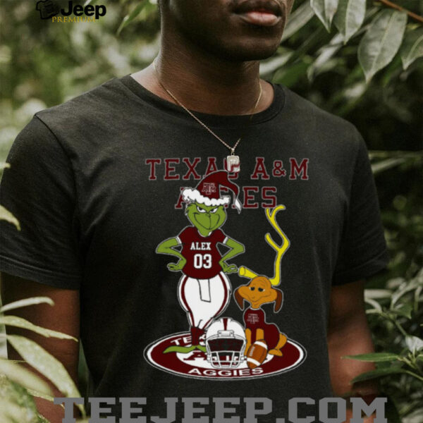 Texas A&M Aggies NCAA Football Grinch with Dog Tee – Custom Name Fan Shirt – Personalized Christmas Outfit & Holiday Gift Idea