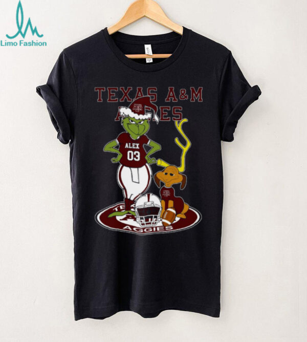 Texas A&M Aggies NCAA Football Grinch with Dog Tee – Custom Name Fan Shirt – Personalized Christmas Outfit & Holiday Gift Idea