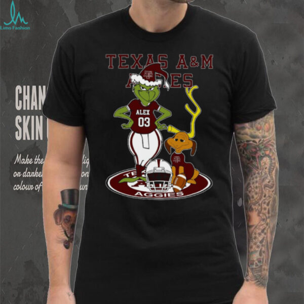 Texas A&M Aggies NCAA Football Grinch with Dog Tee – Custom Name Fan Shirt – Personalized Christmas Outfit & Holiday Gift Idea