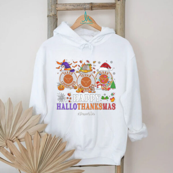 Texas Longhorns Happy Hallothanksmas Football Tee – Custom Name NCAA Holiday Shirt, Ugly Christmas Party Gift, Festive Outfit