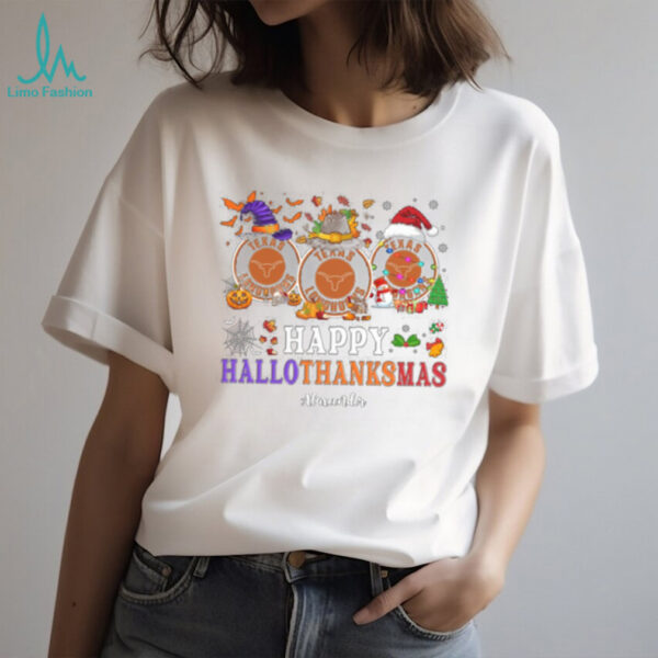 Texas Longhorns Happy Hallothanksmas Football Tee – Custom Name NCAA Holiday Shirt, Ugly Christmas Party Gift, Festive Outfit
