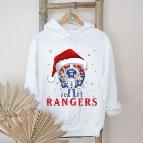 Texas Rangers Custom Name Santa Christmas Lights Tee – Personalized MLB Family Shirt – Holiday Baseball Gift for Fans & Parents