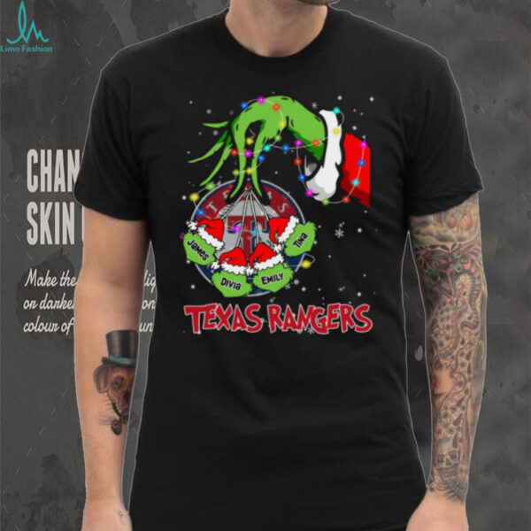 Texas Rangers Grinch Holiday Lights Shirt – Custom MLB Fan Tee – Personalized Baseball Gift for Christmas