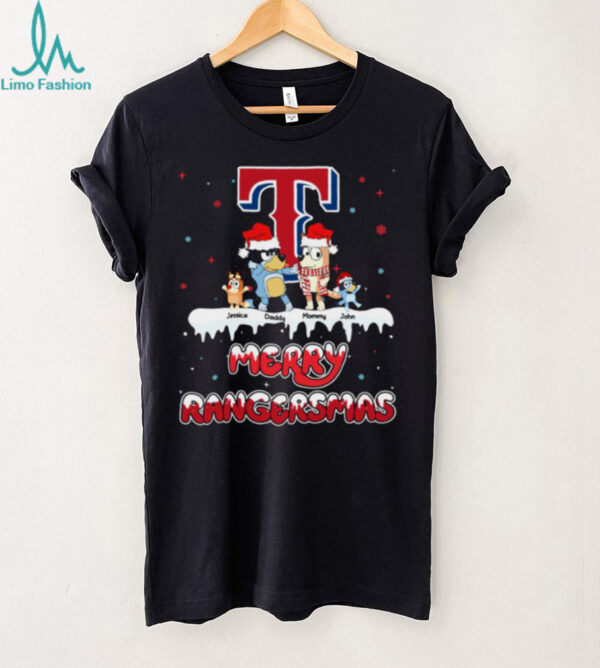 Texas Rangers Holiday Bluey Family Tee – Personalized MLB Fan Shirt – Custom Name Christmas Baseball Gift for Men, Women, Kids