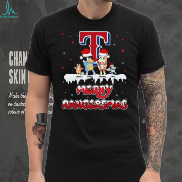 Texas Rangers Holiday Bluey Family Tee – Personalized MLB Fan Shirt – Custom Name Christmas Baseball Gift for Men, Women, Kids