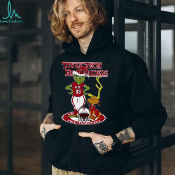 Texas Tech Red Raiders Grinch with Dog Tee – Custom Name NCAA Football Shirt – Personalized Holiday Fan Gift & Game Day Wear