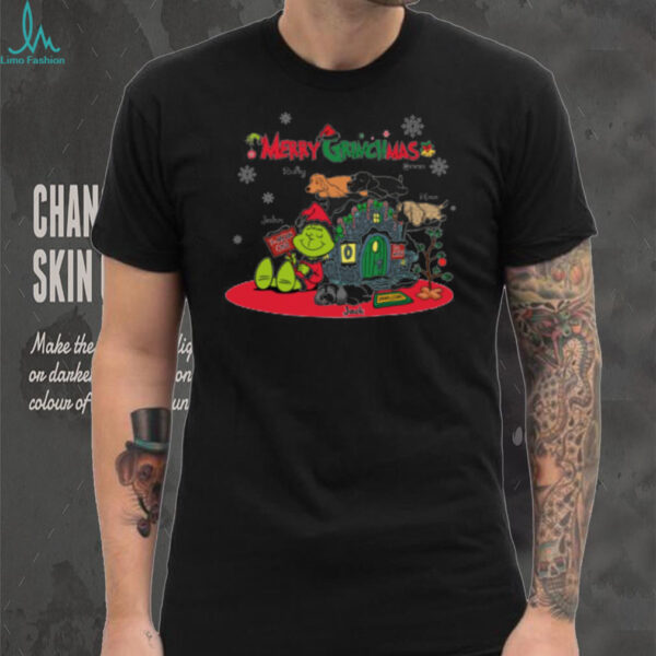 Personalized Merry Grinchmas Shirt, Custom Grinch Christmas T Shirt with Dogs and Family Names, Funny Holiday Gift