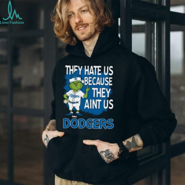 Personalized Los Angeles Dodgers Christmas Tee, Grinch Santa Baseball Shirt with Quote They Hate Us Ain’t Us, Funny MLB Gift