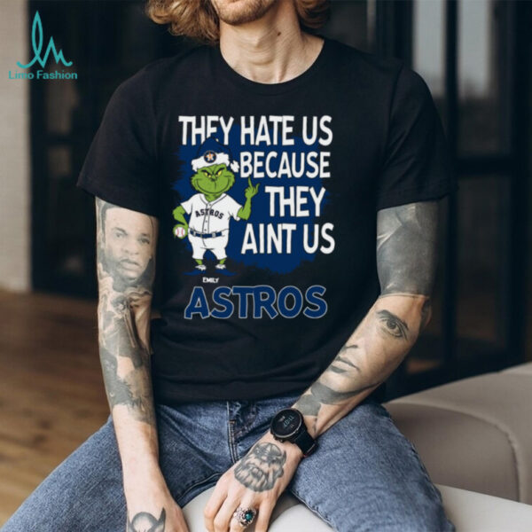 Personalized Houston Astros Grinch Santa Tee, Christmas Baseball Shirt with Quote They Hate Us Ain’t Us, Funny MLB Gift