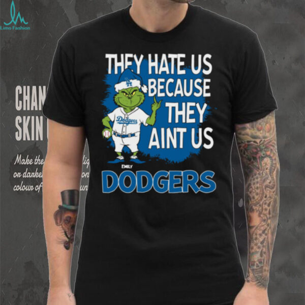 Personalized Los Angeles Dodgers Christmas Tee, Grinch Santa Baseball Shirt with Quote They Hate Us Ain’t Us, Funny MLB Gift