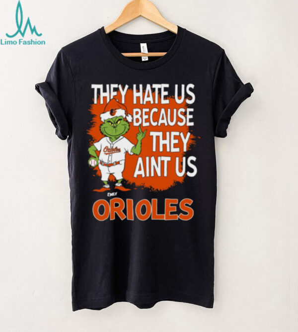 Personalized Baltimore Orioles Grinch Christmas Tee, Santa Baseball Shirt with Quote They Hate Us Ain’t Us, Funny MLB Gift