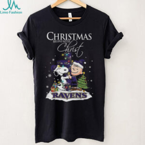 Baltimore Ravens Snoopy Begins With Christ And Friends Peanuts Christmas Shirt