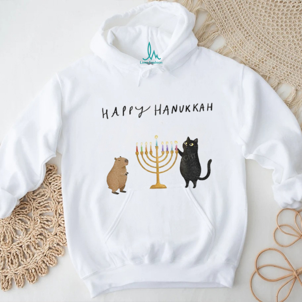 Capybara and black cat Light Hanukkah Candles Happy Chrismukkah Christmas shirt Capybara and black cat Light Hanukkah Candles Happy Chrismukkah Christmas shirt