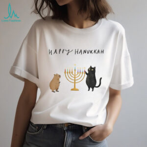 Capybara and black cat Light Hanukkah Candles Happy Chrismukkah Christmas shirt