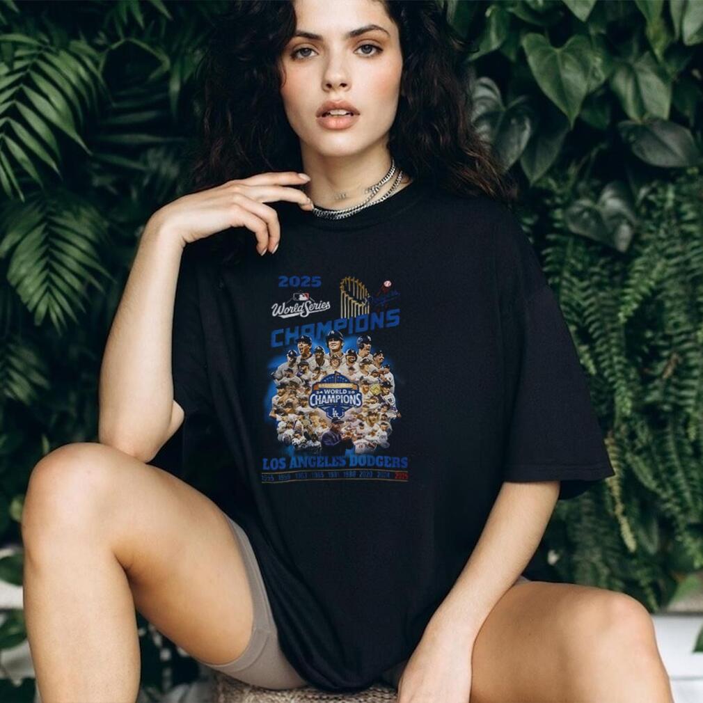 Los Angeles Dodgers Trophy Back 2 Back 2025 World Series Champions MLB poster shirt - Front View with trophy and back-to-back design