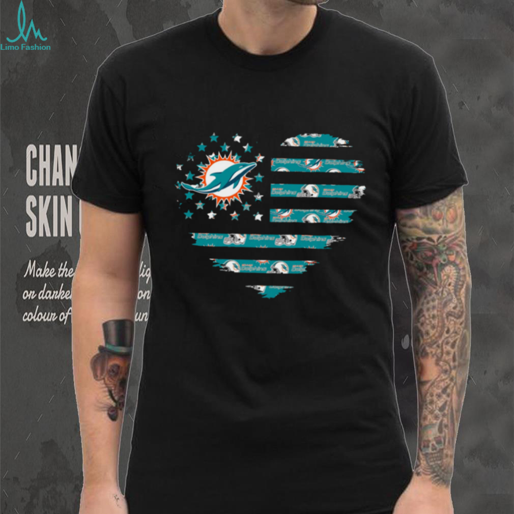 Person wearing Miami Dolphins Distressed Flag Heart T Shirt, showing the heart design