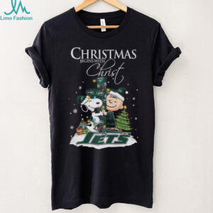 New York Jets Snoopy Begins With Christ And Friends Peanuts Christmas Shirt
