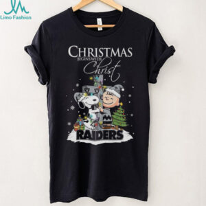 Oakland Raiders Snoopy Begins With Christ And Friends Peanuts Christmas Shirt