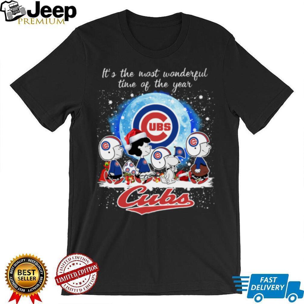 Chicago Cubs Peanuts Characters Merry Christmas Shirt - Front View