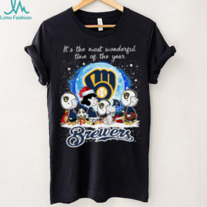 Official It’s The Most Wonderful Time Of The Years Peanuts Characters Milwaukee Brewers Merry Christmas Shirt