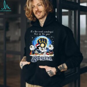 Official It’s The Most Wonderful Time Of The Years Peanuts Characters Milwaukee Brewers Merry Christmas Shirt