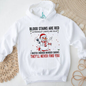 Snowman blood stains are red ultraviolet lights are blue I watch enough murder shows Christmas shirt