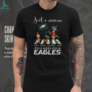 The Grinch And Friends Just A Woman Who Loves Winter And Philadelphia Eagles 2025 Shirt
