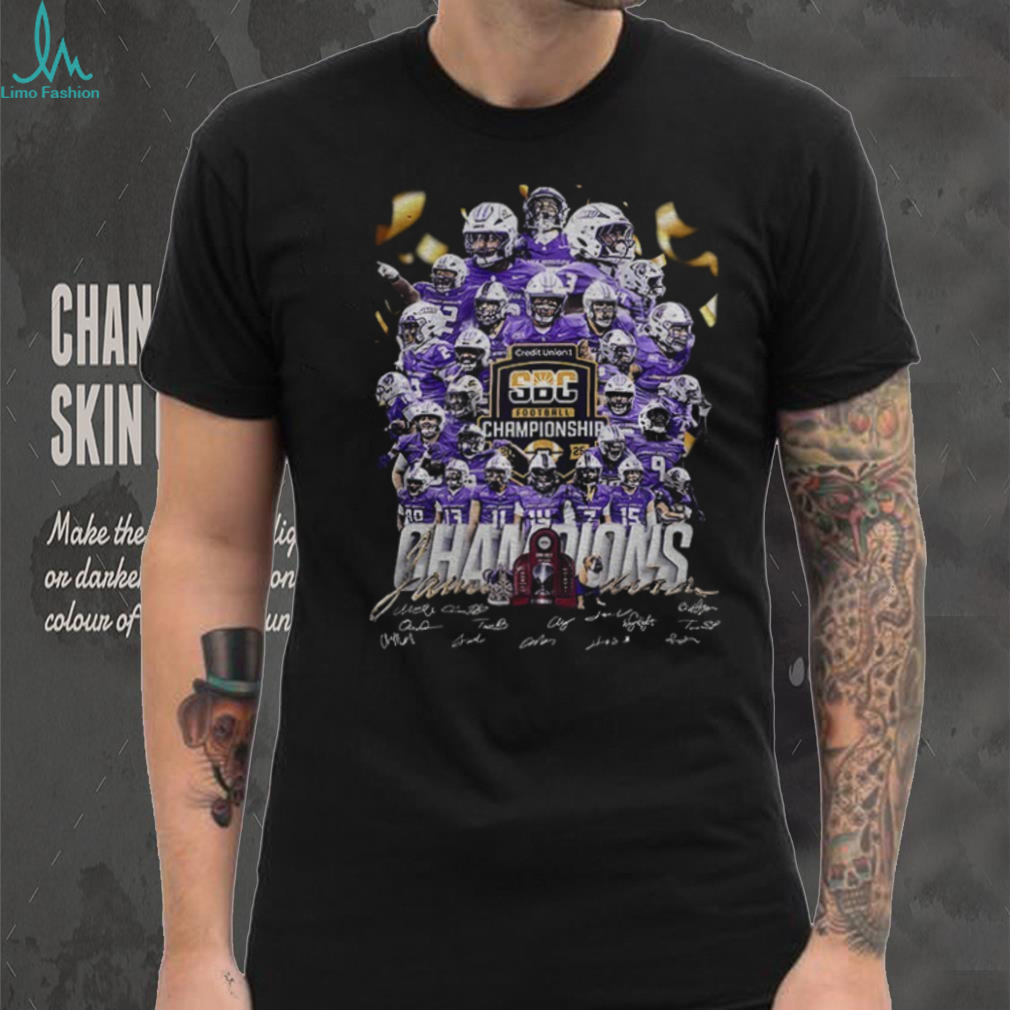 James Madison Dukes Sun Belt Conference 2025 Champions signatures shirt James Madison Dukes Sun Belt Conference 2025 Champions signatures shirt