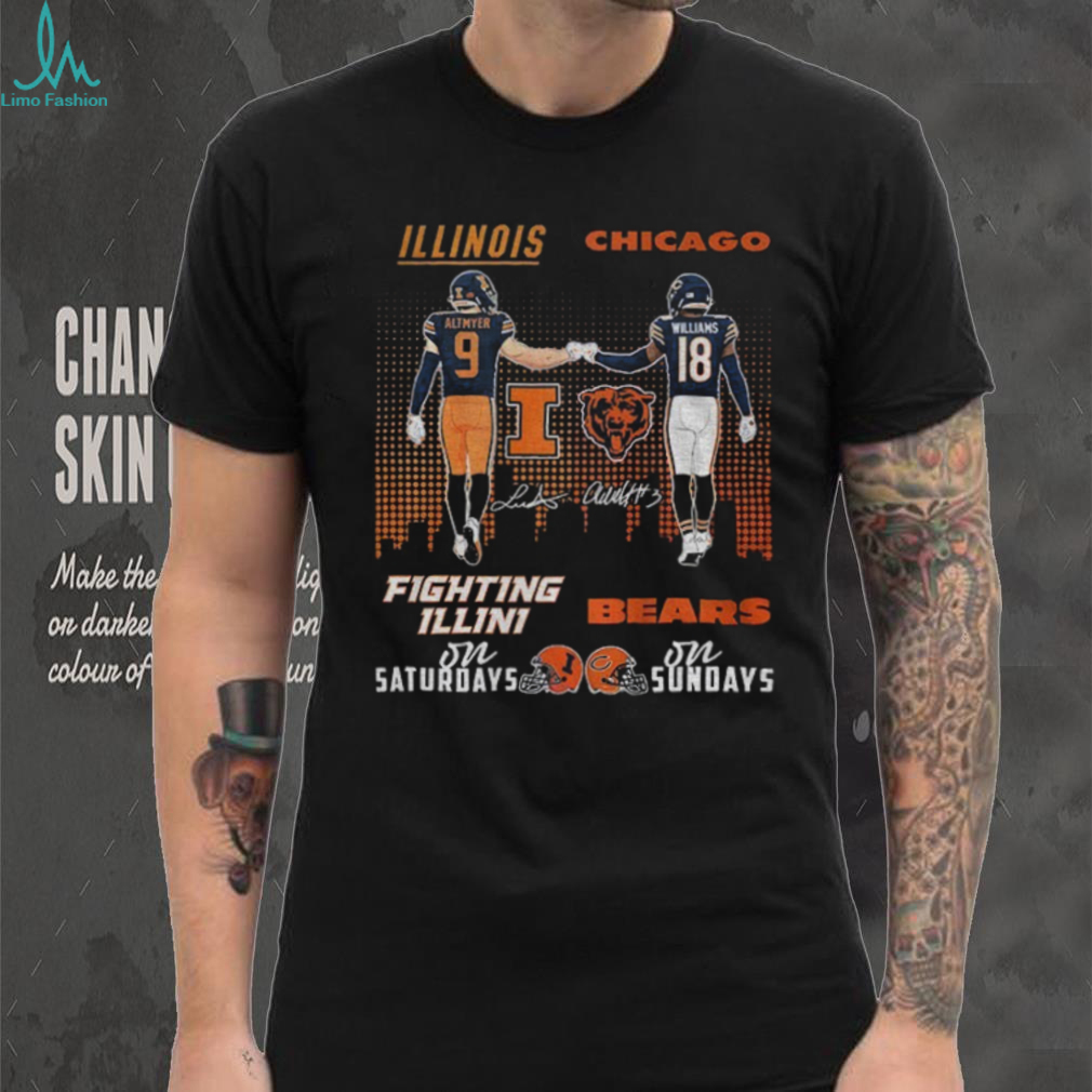 Luke Altmyer Illinois Fighting Illini vs Caleb Williams Chicago Bears on Saturday on Sundays signatures shirt Luke Altmyer Illinois Fighting Illini vs Caleb Williams Chicago Bears on Saturday on Sundays signatures shirt