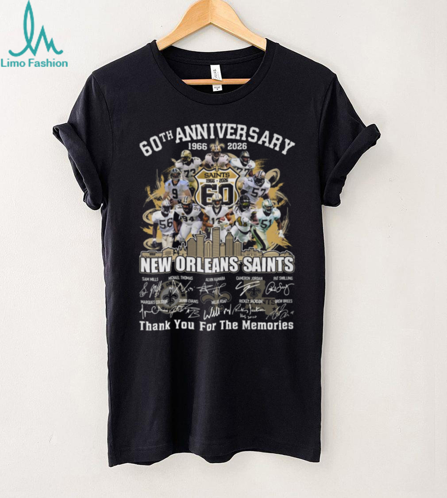 New Orleans Saints 60th Anniversary (1966 2026) Signatures T Shirt New Orleans Saints 60th Anniversary (1966 2026) Signatures T Shirt