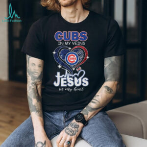Chicago Cubs In My Veins Jesus In My Heart Baseball Fan Distressed Heart T Shirt