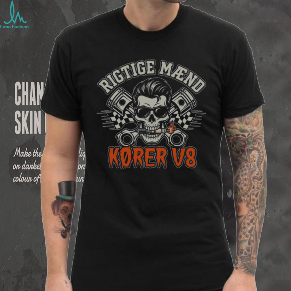 Danish Rigtige Maend Korer V8 Skull Piston Racing Tee Danish Rigtige Maend Korer V8 Skull Piston Racing Tee