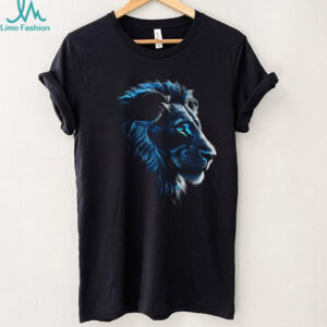 Majestic Blue Fire Lion Graphic Art Black T Shirt