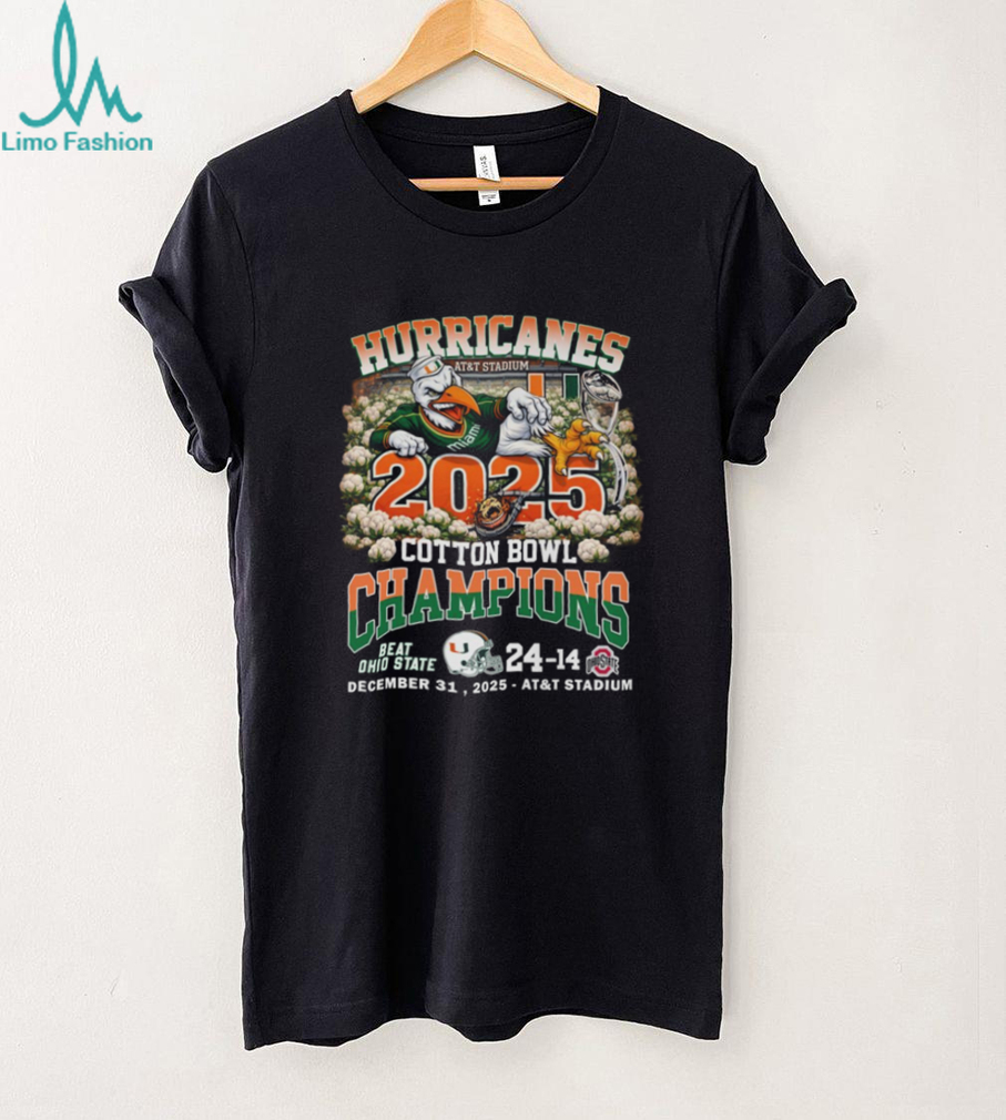 Miami Hurricanes 2025 Cotton Bowl Champions Mascot Black T Shirt Miami Hurricanes 2025 Cotton Bowl Champions Mascot Black T Shirt