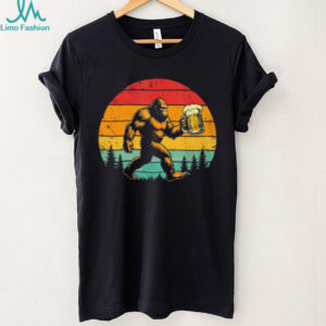 Retro Bigfoot Carrying Beer Mug Sunset Forest Silhouette T Shirt