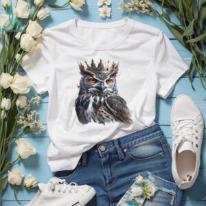 Royal Owl with Golden Crown Watercolor White T Shirt