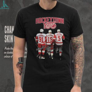 Sergei Fedorov Steve Yzerman and Nicklas Lidstrom Detroit Red Wings Hockey Town 100 signatures shirt