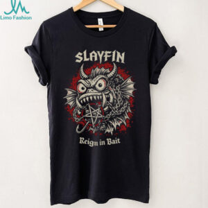 Slayfin Metal Parody T Shirt “Reign In Bait” Heavy Metal Fishing Graphic