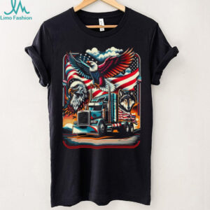 American Trucker Pride Eagle Wolf and Semi Truck US Flag Graphic Tee