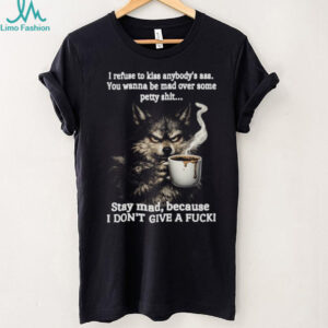 Angry Wolf Drinking Coffee “Stay Mad” Grumpy T Shirt