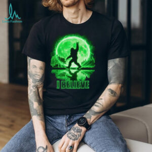 Bigfoot “I Believe” Neon Green Moon T Shirt Mythical Sasquatch Forest Tee