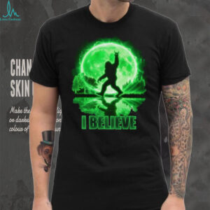 Bigfoot “I Believe” Neon Green Moon T Shirt Mythical Sasquatch Forest Tee